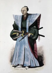 Nobre japonês com armas e traje de cerimónia, 1860 (gravura)