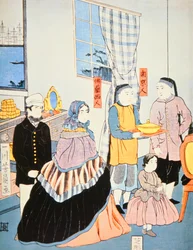Impressão japonesa c.1870 mostrando os visitantes europeus ao Japão (impressão a cores em bloco de madeira)