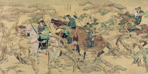 Soldados japoneses cavalgando por uma floresta de pinheiros durante a invasão mongol do Japão em 1274, ilustração da revista Kokka, maio de 1921