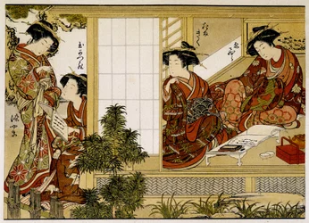 Mulheres japonesas que escrevem e lêem. Impressão do século XVIII.