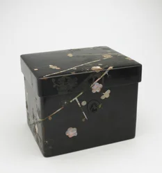 Caixa de máscaras com capa embutida, período Edo (laca em madeira com chumbo e madrepérola)
