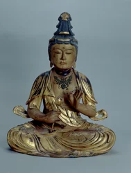 Miroku Bosatsu (madeira com dourado, anil dourado, bronze e missangas)