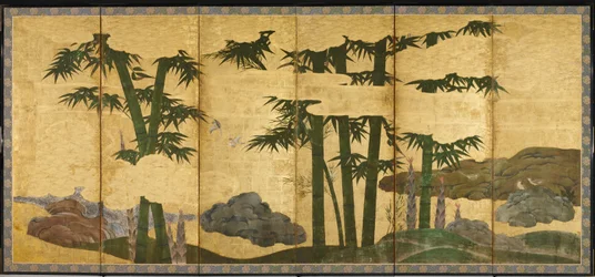 Moonlit Bamboo Grove, início do século 16 (par de telas de seis painéis; tinta, cor e ouro no papel)