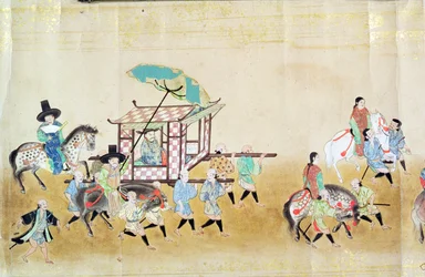 Parte da Sexta Embaixada da Coreia no Japão na época da sucessão de Tokugawa Ietsunas em 1651, possivelmente por Kano Masunobu (1625-94) 1655-57 (pintura de rolagem)