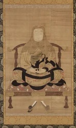 Retrato de Tendai Daishi, período de Nanbokucho (tinta, cor e ouro em seda)