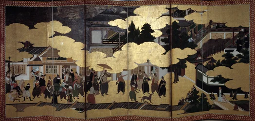 Ecrã "português": uma representação da chegada dos missionários jesuítas portugueses ao Japão, no século XVI. Realizado pela Escola de Kano (?). 1593-1600. Museu de Arte Antiga de Lisboa