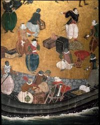 Tela “portuguesa” representando a chegada de missionários jesuítas portugueses ao Japão no século XVI - 1590-1614 - Detalhe representando a casca de alimentos - Escola Namban