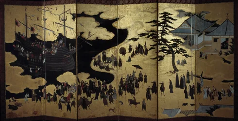 Ecrã "português" representando a chegada dos missionários jesuítas portugueses ao Japão, no século XVI. 1590-1614. Escola Kano (?) Lisboa. Museu Nacional de Arte Antiga