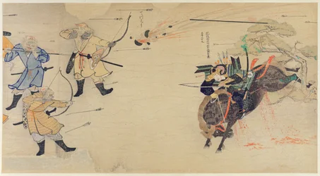 Samurai Takezaki cobra invasores mongóis enquanto as bombas explodem em cima durante as invasões mongóis do Japão em 1274, ilustração da revista Kokka, maio de 1921.