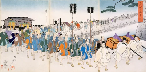 Guerreiros do samurai no março (impressão do woodblock da cor)