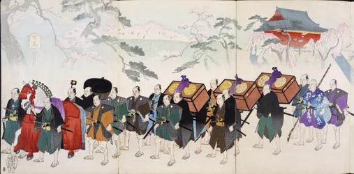 Samurai Warriors em março, de um álbum do século 19 de xilogravuras, mão cor madeira bloco impressão