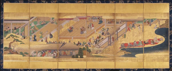 Tela de seis dobras com o Noh Play Funa-Benkei, c.1660 (cor, gofun & tinta & ouro sobre papel)