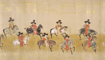 Sexta Embaixada da Coreia no Japão em Meireki 1 na época da sucessão de Tokugawa Ietsunas em 1651, possivelmente por Kano Masunobu (1625-94) (pintura de rolagem) (detalhe)