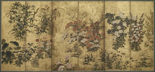 Flores de verão e outono, período Edo, 1615-68 (cor sobre papel dourado)