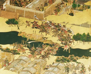 A Batalha de Hogen a partir de uma tela, Período Momayama (1568-1600) (caneta e tinta, cor e ouro colocados no painel) (detalhe)