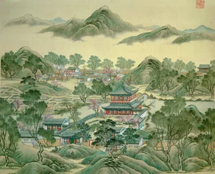 O pavilhão de detalhes de uma estampa japonesa do século XIX.