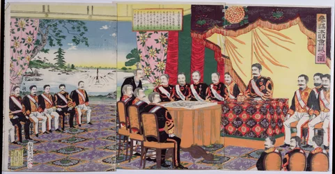 O Imperador Mutsuhito (1852-1912) Segurando um Conselho de Guerra, um episódio da Guerra Sino-Japonesa, final do século XIX (impressão em xilogravura a cores) (ver também 176842)