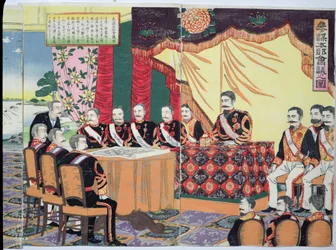 O Imperador Mutsuhito (1852-1912) Segurando um Conselho de Guerra, um episódio da Guerra Sino-Japonesa, final do século XIX (impressão em xilogravura a cores) (ver também 176841)