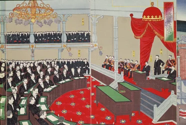 O Parlamento em Tóquio, final do século XIX (impressão em xilogravura a cores)