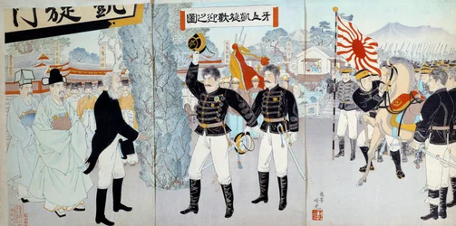 A ascensão do Império do Japão: a representação da antiga sociedade japonesa à esquerda baseada num sistema feodal e a nova à direita, voltada para o desenvolvimento das forças militares que levariam o Japão a guerras contra a China e a Rússia a