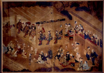 Teatro kabuki: atores em palco; gravura japonesa do século XVIII, Paris, Museu Guimet, Museu Nacional de Artes Asiáticas