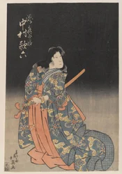 Caráter masculino teatral com espada (impressão do woodblock da cor)