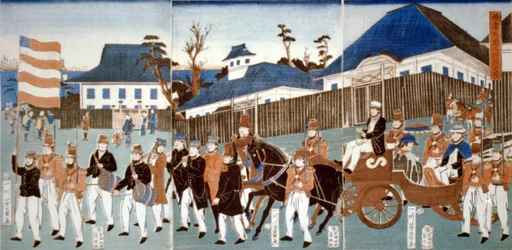 Tríptico mostrando um desfile de estrangeiros, Yokohama, numa carruagem aberta puxada a cavalo e conduzida por homem carregando as estrelas e riscas, e uma banda militar,1861. Utagawa Yoshigawa (actives 1850-1870) artista ukiyo-e japonês.