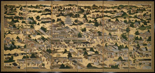 Vistas de Quioto e arredores (Rakuchu rakugai zu), ca.1616-24 (tinta, cor e folha de ouro sobre papel)