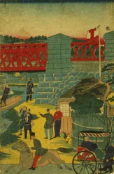 Cena de aldeia no Japão mostrando pessoas envolvidas em várias atividades, c.1870
