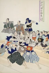 Warlord observa Samurai praticando sua esgrima, detalhe mostrando professores e alunos observando, de um álbum do século XIX de xilogravuras, Color Wood Block Print