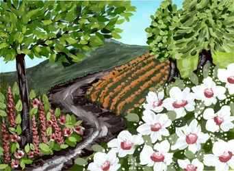 Caminho entre as vinhas com flores