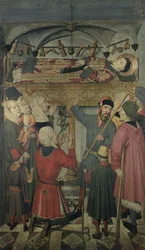 Exorcismo de um homem possuído sob o Túmulo de São Vicente de Saragoça (d.304) do Altar de São Vicente de Saragoça