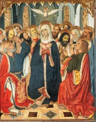 Tabela de Pentecostes. Do Altar de Constable de Portugal (1464-1465). Tinta sobre madeira. Por Jaume Huguet (1414-1492). Século XV (pintura sobre madeira).