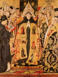 “" A Consagração de Santo Agostinho de Hipona "" Altarpe de Santo Agostinho. Detrempe sobre madeira de Jaume Huguet (1415-1492). 1466-1475. Da Igreja de Santo Agostinho de Barcelona.