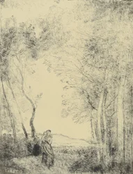 Jovem mãe à entrada de um bosque