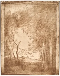 Jovem mãe à entrada de um bosque