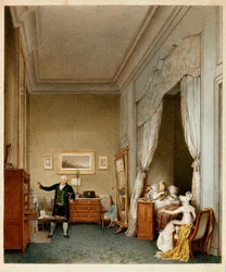 A imperatriz Maria Luísa de Habsburgo Lorena, imperatriz dos franceses, no seu quarto de dormir após o nascimento do rei de Roma em 1813 (gravura)