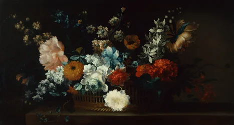 Peônias, crisântemos e outras flores em uma cesta (óleo sobre tela)