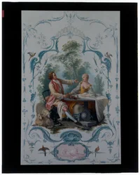 Dois painéis decorativos com pares de namorados intitulados "O piquenique" e "O brinde"