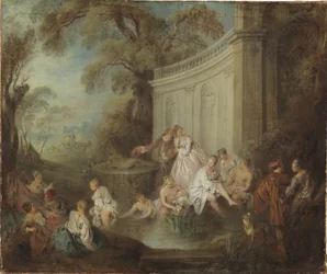 Une compagnie se baignant dans un parc - A Company Bather in a Park, de Pater, Jean-Baptiste (1695-1736). Óleo sobre tela. Dimensão : 49x59 cm. Nationalmuseum Stockholm