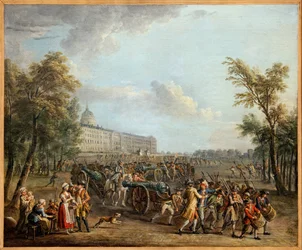 Pilhagem de armas nos Inválidos, o povo de Paris, após tomar posse do Garde Meuble a 13 de Julho, invadiu os Inválidos a 14 de Julho de 1789, e levou 4 armas e 34 000 armas, Pintura de Jean Baptiste Lallemand (1716-1803). Fotografia, KIM Youngta