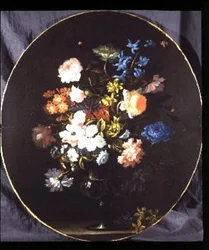 Natureza Morta de Flores incluindo Rosas, Cravos e Jacintos em Vaso de Vidro (oval)