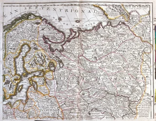 Mapa de Moscovo (Rússia), do Reino da Suécia, das Províncias Bálticas e de parte da Polónia (gravura
