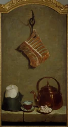 Natureza morta com um quarto de carne, pão de açúcar, chaleira de cobre e chávena, de Jean-Baptiste Oudry (1686-1755)