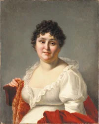 Retrato de Madame Regnault, na altura do busto, em um vestido branco e xale de caqui (óleo sobre tela)