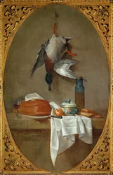 Canard moDuck pendurado por uma perna, tarte, tigela e pote com azeitonas (pintura sobre tela)