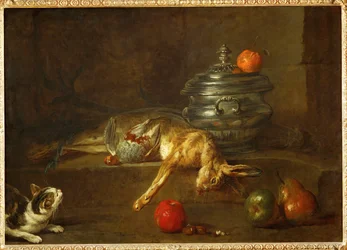 Gato a olhar para uma perdiz e uma lebre mortas, atiradas para junto de um pote de óleo (pintura sobre tela)