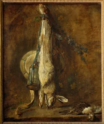 Lebre morta, um saco de caça e um frasco de pólvora (pintura sobre tela)