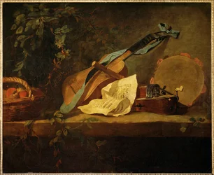 Instrumentos musicais e cesto de fruta (pintura sobre tela)