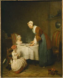 La Benedicite. Uma mãe espera que a sua filha pequena diga ...